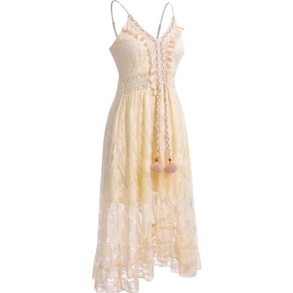 Women's Cream Floral Lace Hi-Low Dress Casual Boho Flowy Tassel Tahitian Dress - Picture 2 of 11